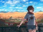  1girl alternate_costume anonamos backpack bag brown_hair casual city copyright_name denim denim_shorts desert grey_eyes hand_on_railing highres looking_at_viewer railing river ruby_rose rwby sand sandals scarf shirt shorts smile solo t-shirt 