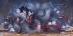  1girl ahri animal_ears black_hair bug butterfly closed_eyes closed_mouth fingernails fox_ears fox_tail glowing highres insect jenny_mun kitsune league_of_legends long_fingernails long_hair multiple_tails outdoors poro_(league_of_legends) red_nails sleeping tail tongue tongue_out tree valentine winter 