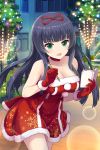  1girl alternative_girls bare_shoulders christmas christmas_dress christmas_lights eyebrows_visible_through_hair gloves green_eyes hair_ribbon highres long_hair notebook official_art outdoors pencil ribbon sleeveless smile tendou_machi 