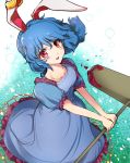  1girl ambiguous_red_liquid animal_ears bangs blue_dress blue_hair blue_skirt blush dress ear_clip eyebrows_visible_through_hair floating_hair floppy_ears frilled_dress frills from_above legacy_of_lunatic_kingdom makotono_(makotono_00) mallet open_mouth rabbit_ears red_eyes seiran_(touhou) skirt solo touhou 