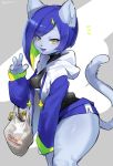 1girl animal_ears blue_hair cat_ears cat_tail colored_inner_hair cowboy_shot furry green_eyes green_hair hair_ornament highres hood hoodie looking_at_viewer multicolored_hair open_mouth original solo star star_hair_ornament suurin_(ksyaro) tail thick_thighs thighs twitter_username 
