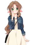  1girl 2019 aerith_gainsborough bag blue_jacket blush bow brown_hair closed_mouth cowboy_shot dated denim denim_jacket dress final_fantasy final_fantasy_vii green_eyes hair_between_eyes hair_bow hair_intakes handbag jacket krudears long_hair long_sleeves looking_at_viewer open_clothes open_jacket pink_bow shiny shiny_hair simple_background smile solo standing very_long_hair white_background white_dress 