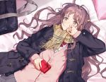  1girl bag bed_sheet black_jacket blush bow brown_eyes brown_hair closed_mouth crying gift grey_skirt holding holding_gift jacket long_hair lying on_back original pillow plaid plaid_scarf red_bow scarf skirt solo tears urata_asao valentine 