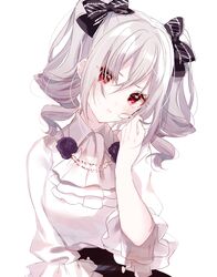  1girl :t ascot bangs black_bow black_skirt blush bow breasts closed_mouth collared_shirt flower grey_hair hair_between_eyes hair_bow head_tilt highres idolmaster idolmaster_cinderella_girls kanzaki_ranko looking_at_viewer medium_breasts misumi_(macaroni) pout purple_flower purple_rose red_eyes ringlets rose shirt sidelocks simple_background skirt solo twintails upper_body white_background white_neckwear white_shirt 