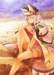  1girl beltbra breasts cape closed_mouth guilty_gear guilty_gear_xrd hat long_hair looking_at_viewer navel orange_eyes ramlethal_valentine short_shorts shorts solo thigh_strap white_hair 