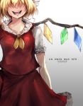  1girl anonamos arm_behind_back blonde_hair cowboy_shot dress english_text fangs flandre_scarlet grey_background hair_over_eyes highres open_mouth red_dress solo teeth tongue touhou 