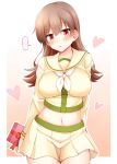  1girl :o arms_behind_back bangs blush breasts brown_hair collarbone cowboy_shot eyebrows_visible_through_hair gift head_tilt heart holding holding_gift kantai_collection large_breasts long_hair long_sleeves looking_at_viewer midriff miniskirt navel neckerchief ooi_(kantai_collection) parted_lips pleated_skirt red_eyes red_ribbon ribbon rui_shi_(rayze_ray) school_uniform serafuku shirt skirt solo speech_bubble spoken_blush valkyrie white_neckwear yellow_shirt yellow_skirt 