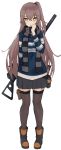  1girl absurdres belt_pouch boots brown_hair brown_legwear casual commentary full_body girls_frontline gun heart heart-shaped_pupils hiepita97 highres holding_scarf long_hair looking_at_viewer miniskirt orange_eyes parted_lips pouch rifle rifle_on_back scar scar_across_eye scarf side_ponytail simple_background skirt solo striped striped_scarf sweater symbol-shaped_pupils thigh-highs thigh_pouch ump45_(girls_frontline) very_long_hair weapon white_background zettai_ryouiki 