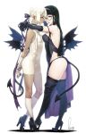  2girls absurdres bare_shoulders black_gloves black_hair black_legwear blonde_hair braid covered_nipples dark_skin dated demon_tail demon_wings elbow_gloves glasses gloves hair_ribbon hairband high_heels highres kyo_(kuroichigo) long_hair multiple_girls orange_eyes original parted_lips pink_lips platinum_blonde_hair purple_hairband purple_ribbon ribbon signature simple_background slit_pupils standing tail turtleneck white_background wings 