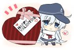  1girl anchor anchor_symbol bangs blue_eyes blue_headwear blush box chibi eyebrows_visible_through_hair flat_cap gift gift_box happy_valentine hat heart hibiki_(kantai_collection) hizuki_yayoi kantai_collection long_hair long_sleeves pleated_skirt red_neckwear sailor_collar school_uniform serafuku silver_hair simple_background skirt solo spoken_heart valentine 