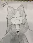  1girl :d animal_ear_fluff animal_ears dated dress eyebrows_visible_through_hair facing_viewer greyscale head_tilt highres imaizumi_kagerou marker_(medium) monochrome open_mouth photo poronegi scarf signature smile solo touhou traditional_media wolf_ears younger 
