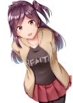  1girl :d absurdres alternate_costume brown_eyes collarbone eyebrows_visible_through_hair hagikaze_(kantai_collection) highres kamelie kantai_collection long_hair one_side_up open_mouth purple_hair simple_background smile solo white_background 