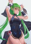  1girl absurdres alternate_costume bangs bare_shoulders black_dress blunt_bangs blush breasts c.c. china_dress chinese_clothes code_geass commentary_request dress eyebrows_visible_through_hair fate/grand_order fate_(series) green_hair hair_ornament highres jmao long_hair looking_at_viewer medium_breasts simple_background smile solo twintails very_long_hair white_background yang_guifei_(fate/grand_order) yellow_eyes 