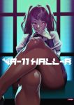  1girl black_hair cigarette commentary_request copyright_name crossed_legs highres jill_stingray legs long_hair pantyhose red_eyes signature sitting skirt smoking solo steve_chopz thick_thighs thighs twintails va-11_hall-a 