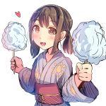  1girl blush brown_eyes brown_hair cotton_candy daito heart japanese_clothes katayama_minami kimono short_twintails sketch smile solo twintails wake_up_girls! white_background yukata 