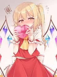  1girl alternate_eye_color artist_name ascot bangs blonde_hair blush box brown_eyes commentary_request cowboy_shot crystal dated eyebrows_visible_through_hair flandre_scarlet flying_sweatdrops frilled_shirt_collar frills gradient gradient_background grey_background hair_between_eyes hands_up haruki_(colorful_macaron) heart-shaped_box highres holding holding_box long_hair looking_at_viewer no_hat no_headwear nose_blush one_side_up puffy_short_sleeves puffy_sleeves red_skirt shirt short_sleeves signature skirt skirt_set solo spoken_squiggle squiggle standing touhou valentine white_shirt wings wrist_cuffs yellow_neckwear 