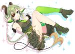  1girl adapted_costume aqua_eyes armpits bare_shoulders boots braid breasts center_frills curled_horns demon_horns demon_tail detached_sleeves dress eyepatch green_dress green_hair green_legwear grin hands_up high_heel_boots high_heels highres honey_strap horns kusumoto_shizuru long_hair long_sleeves looking_at_viewer medium_breasts necktie sekishiro_mico short_necktie single_braid single_thighhigh smile solo tail thigh-highs thighs underbust virtual_youtuber wing_collar 