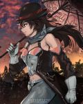  1girl anonamos bare_shoulders bowler_hat brown_eyes brown_hair clenched_hand clouds detached_sleeves from_side gloves hair_between_eyes hat hat_removed headwear_removed highres midriff multicolored_hair navel neo_politan pants parasol pink_hair rwby smirk solo sunset tree umbrella white_gloves 