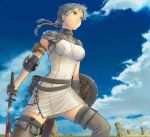  1girl blood blue_hair clouds copyright_request day green_eyes highres itou_(onsoku_tassha) scenery shield sky solo sword thigh-highs weapon zettai_ryouiki 