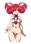  1girl bare_shoulders collarbone coon heart heart-shaped_pupils jinx_(league_of_legends) league_of_legends long_hair navel orange_eyes parted_lips redhead sharp_teeth smile swimsuit symbol-shaped_pupils teeth twintails 