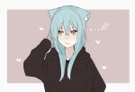  1girl animal_ears black_sweater blue_hair cat_ears closed_mouth collarbone fu_ku1_437 grey_background hair_between_eyes heart hood hood_down hooded_sweater long_hair looking_away rimuru_tempest solo sweater tensei_shitara_slime_datta_ken upper_body white_background yellow_eyes 