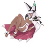  1girl abs absurdres arqa beltbra breasts cape commentary dark_skin guilty_gear guilty_gear_xrd hat highres long_hair looking_at_viewer muscle muscular_female navel ramlethal_valentine shorts simple_background solo thigh_strap under_boob white_background white_hair yellow_eyes 