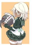  1girl breasts commentary_request dark_skin guilty_gear guilty_gear_xrd highres long_hair looking_at_viewer medium_breasts orange_eyes ramlethal_valentine school_uniform simple_background solo tellwo white_hair 
