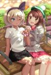  2girls :d arisu_(mikannjs) arm_support bangs bare_legs bench black_hairband black_skirt blue_eyes blurry blurry_background blush bob_cut breasts brick_wall brown_eyes brown_hair bush cardigan casual collared_shirt commentary_request cowboy_shot cream cream_on_face crepe dark_skin dress eyebrows_visible_through_hair food food_on_face green_headwear grey_cardigan grey_hair hair_between_eyes hairband hat highres holding holding_food hooded_cardigan light_rays long_sleeves looking_at_another medium_breasts multiple_girls one_eye_closed open_mouth park_bench pink_dress pointing pokemon pokemon_(game) pokemon_swsh polo_shirt saitou_(pokemon) shade shadow shirt short_hair short_sleeves sidelocks sitting skirt smile sunbeam sunlight tam_o&#039;_shanter tongue whipped_cream white_shirt yuuri_(pokemon) 