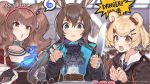 3girls absurdres amiya_(arknights) angelina_(arknights) animal_ears arknights ascot bear_ears blonde_hair blue_eyes blue_fire blurry brown_hair chocolate choker commentary copyright_name english_commentary fire fox_ears gloves gummy_(arknights) hair_ornament hairband hairclip highres holding holding_knife jacket jewelry knife long_hair looking_at_viewer multiple_girls multiple_rings official_art open_clothes open_jacket open_mouth rabbit_ears red_eyes ring skull_and_crossbones speech_bubble teshima_nari twintails valentine watermark wavy_mouth 
