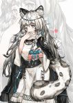  1girl animal_ear_fluff animal_ears arknights bangs black_cape box braid cape chinese_commentary circlet commentary_request cowboy_shot dress gift gift_box giving green_eyes grey_hair heart highres holding holding_gift incoming_gift jewelry leopard_ears leopard_tail long_hair looking_at_viewer necklace pramanix_(arknights) solo tail turtleneck_dress valentine white_dress yuuki_mix 