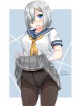  1girl black_legwear blouse blue_eyes blunt_ends blush bob_cut breasts commentary cowboy_shot crotch_seam dated frown gloves grey_skirt gusset hair_ornament hair_over_one_eye hairclip hamakaze_(kantai_collection) highres izumo_konata kantai_collection lifted_by_self looking_at_viewer miniskirt neckerchief open_mouth outside_border panties panties_under_pantyhose pantyhose pleated_skirt school_uniform serafuku short_hair short_sleeves silver_hair single_horizontal_stripe skirt solo standing sweatdrop twintails underwear white_blouse white_gloves yellow_neckwear 