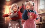  2girls @_@ ak-12_(girls_frontline) an-94_(girls_frontline) apron bangs blue_eyes blush book commentary_request eyebrows_visible_through_hair girls_frontline hairband holding holding_book indoors long_hair long_sleeves mixing_bowl multiple_girls one_eye_closed open_mouth red_sweater ribbed_sweater rin_(028ilc) silver_hair sweater valentine 