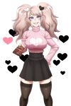  1girl black_legwear black_skirt blue_eyes breasts chocolate commentary dangan_ronpa dangan_ronpa_1 english_commentary enoshima_junko eyebrows_visible_through_hair grin hair_ornament hand_on_hip heart heart_background heart_hair_ornament impossible_clothes impossible_sweater incoming_gift large_breasts legs_apart light_brown_hair long_hair long_sleeves looking_at_viewer pink_sweater pleated_skirt ribbed_sweater ringed_eyes sharp_teeth simple_background skindentation skirt sleeves_past_wrists smile solo sweater teeth thigh-highs turtleneck turtleneck_sweater twintails twrlare v-shaped_eyebrows valentine white_background zettai_ryouiki 