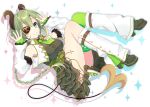  1girl adapted_costume aqua_eyes bare_shoulders boots braid breasts center_frills cropped_jacket curled_horns demon_horns demon_tail detached_sleeves dress eyepatch green_dress green_hair green_legwear grin hands_up high_heel_boots high_heels highres honey_strap horns kusumoto_shizuru long_hair long_sleeves looking_at_viewer loose_socks medium_breasts necktie sekishiro_mico short_necktie single_braid single_thighhigh sleeveless sleeveless_jacket smile solo tail thigh-highs thighs underbust virtual_youtuber wing_collar 