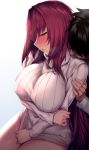  1boy 1girl absurdres bangs black_hair blush breasts fate/grand_order fate_(series) gradient gradient_background hair_intakes highres large_breasts long_hair long_sleeves lun7732 open_mouth purple_hair red_eyes ribbed_sweater scathach_(fate)_(all) scathach_(fate/grand_order) short_hair sitting sweater turtleneck turtleneck_sweater white_sweater 