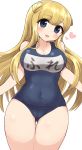  1girl alternate_costume ass_visible_through_thighs blonde_hair blue_eyes blue_swimsuit breasts commentary_request cowboy_shot double_bun fletcher_(kantai_collection) highres kantai_collection large_breasts long_hair looking_at_viewer name_tag school_swimsuit simoyuki simple_background smile solo swimsuit thigh_gap white_background 