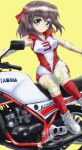  1girl bangs brown_eyes brown_hair closed_mouth commentary cross-laced_footwear daxz240r elbow_pads girls_und_panzer ground_vehicle headband highres knee_pads kondou_taeko leaning_to_the_side light_blush logo looking_at_viewer medium_hair motor_vehicle motorcycle on_vehicle red_headband red_legwear red_shirt red_shorts shirt shoes short_shorts shorts simple_background sitting sleeveless sleeveless_shirt smile sneakers socks solo sportswear volleyball_uniform white_footwear yamaha yamaha_rz250 yellow_background 