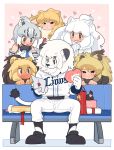 1boy 5girls :3 animal_ears bangs barbary_lion_(kemono_friends) bare_shoulders baseball_uniform behind_another bench big_hair blush brown_hair cape_lion_(kemono_friends) cave_lion_(kemono_friends) character_request closed_mouth clothes_writing crossover detached_sleeves drooling full_body fur_collar fur_scarf furry gift gloves grey_hair hair_between_eyes half-closed_eyes harem heart heart-shaped_pupils hetero highres holding irritated kazue1000 kemono_friends letter light_brown_hair lion_(kemono_friends) lion_ears lion_tail long_hair looking_at_another looking_down love_letter mascot medium_hair multicolored_hair multiple_girls necktie nose_blush open_mouth own_hands_together parted_bangs scarf scratching_head shirt shoes sitting smile snout sportswear symbol-shaped_pupils tail two-tone_hair valentine white_hair white_lion_(kemono_friends) wide-eyed