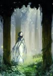  1girl blue_eyes closed_mouth dated dress forest grass hair_over_one_eye hood hood_up kyo_(kuroichigo) light_particles light_rays medium_hair nature outdoors plant see-through signature solo standing tree vines white_hair 