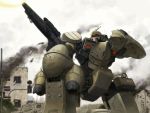  cannon clouds cloudy_sky copyright_request day firing grey_sky gun itou_(onsoku_tassha) mecha no_humans outdoors ruins sky smoke solo standing weapon 