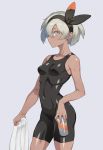  1girl black_bodysuit black_hairband bodysuit breasts can closed_mouth commentary covered_navel cowboy_shot dark_skin grey_background grey_eyes grey_hair gym_leader hairband highres holding holding_can holding_towel looking_at_viewer muscle muscular_female pokemon pokemon_(game) pokemon_swsh ribs saitou_(pokemon) short_hair silver_hair simple_background small_breasts soda_can solo standing sweatdrop towel zzzearly 