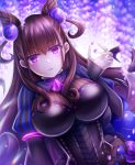  1girl amanoizu amethyst_(gemstone) bangs black_dress blush breasts brown_hair double_bun dress fate/grand_order fate_(series) flower hair_ornament hand_up highres juliet_sleeves large_breasts long_hair long_sleeves looking_at_viewer murasaki_shikibu_(fate) parted_lips puff_and_slash_sleeves puffy_sleeves sleeves_past_wrists solo two_side_up very_long_hair violet_eyes wisteria 