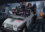  4girls 5girls ;d absurdres animal_ear_fluff animal_ears arknights bad_perspective bird black_hair brown_hair bullet_hole car clenched_hand croissant_(arknights) destruction driving emperor_penguin explosion expressionless exusiai_(arknights) fist_pump ground_vehicle halo highres jeep kiryuu_haru_(445) long_hair looking_back motor_vehicle multiple_girls one_eye_closed open_mouth penguin penguin_logistics_(arknights) raised_fist redhead road shield short_hair smile smoke smug sora_(arknights) street sunglasses texas_(arknights) weapon wings wolf_ears wolf_girl 