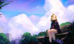  abigail_williams_(fate/grand_order) amo_(silent_bomb19) bandaid_on_forehead bench black_jacket blonde_hair blue_eyes blue_sky closed_mouth clouds cloudy_sky day fate/grand_order fate_(series) heroic_spirit_traveling_outfit jacket long_sleeves outdoors sitting sky tentacles 