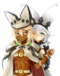  abs beltbra blonde_hair blush breasts cape closed_mouth dark_skin elphelt_valentine guilty_gear guilty_gear_xrd hat highres long_hair looking_at_viewer multiple_girls murata_taichi muscle muscular_female navel ramlethal_valentine short_hair simple_background white_background white_hair yellow_eyes 