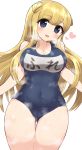  1girl alternate_costume ass_visible_through_thighs blonde_hair blue_eyes blue_swimsuit breasts cowboy_shot double_bun fletcher_(kantai_collection) highres kantai_collection large_breasts long_hair looking_at_viewer name_tag school_swimsuit simoyuki simple_background smile solo steam swimsuit thigh_gap white_background 
