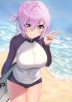  1girl bangs beach blush breasts covered_navel fate/grand_order fate_(series) grin hair_over_one_eye half_updo hand_up highres jjeono large_breasts lavender_hair long_sleeves looking_at_viewer mash_kyrielight raglan_sleeves short_hair smile solo surfboard thighs v violet_eyes wetsuit 