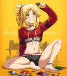  1girl bangs barefoot black_shorts blonde_hair blush braid breasts candy chocolate chocolate_bar collarbone cropped_sweater fate/apocrypha fate_(series) feet food french_braid green_eyes grin hair_ornament hair_scrunchie happy_valentine highres hood hooded_sweater knee_up legs long_hair long_sleeves midriff mordred_(fate) mordred_(fate)_(all) navel o-ring parted_bangs ponytail red_scrunchie red_sweater scrunchie short_shorts shorts sidelocks simple_background sitting small_breasts smile solo sweater tonee under_boob 