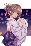  1girl :p back_bow blue_eyes bow brown_hair character_request copyright_request cotton_candy green_eyes hair_bun hair_intakes hair_ornament hair_ribbon hair_stick heterochromia highres japanese_clothes kimono looking_at_viewer print_kimono purple_bow ribbon shiny shiny_hair shirokuma_a short_hair smile solo tongue tongue_out upper_body yukata 