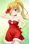  1girl alternative_girls bare_shoulders blonde_hair choker christmas_dress eyebrows_visible_through_hair gloves green_background highres mizushima_airi official_art one_eye_closed side_ponytail sleeveless smile violet_eyes 